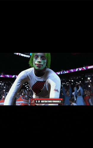 a basketball player with green hair and a joker face paint