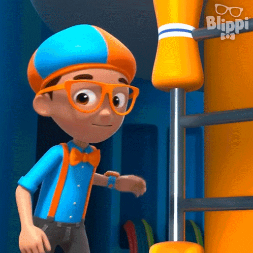 a cartoon character from blippi is wearing glasses and a blue and orange hat .