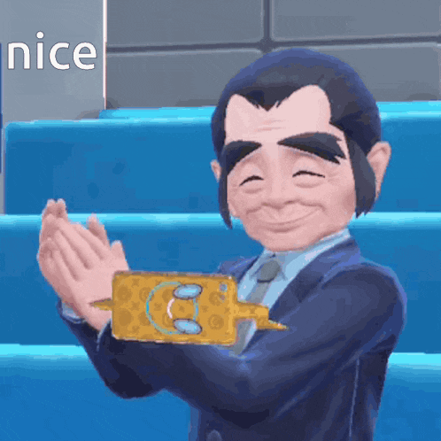 a man in a suit and tie is clapping his hands in front of the word nice