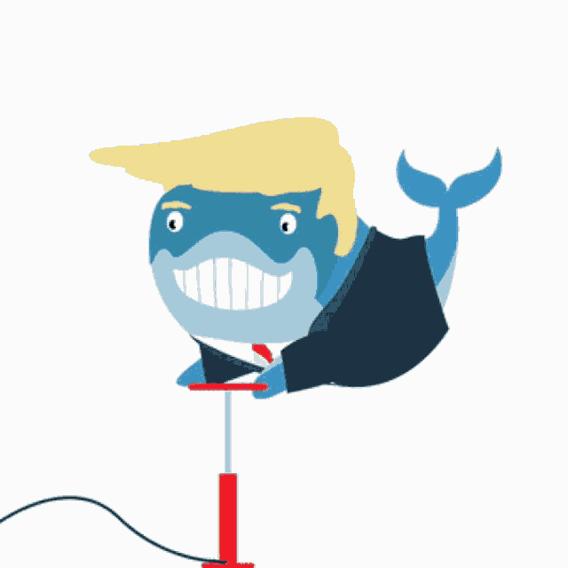 a cartoon of a whale wearing a suit and tie pumping a red object