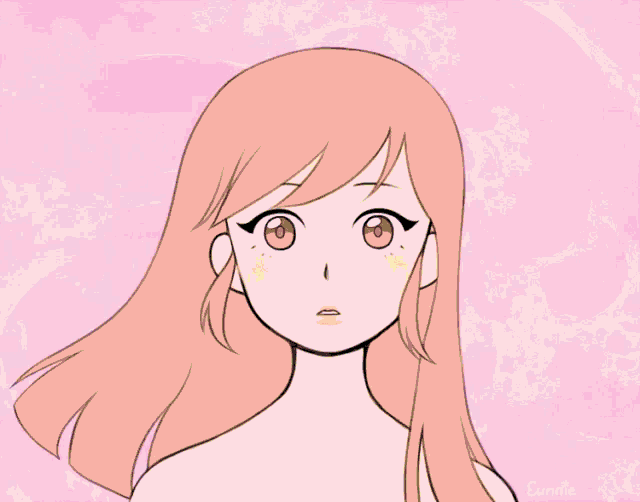 a drawing of a girl with long purple hair and blue eyes