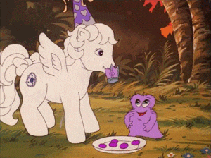 a cartoon of a pony and a purple creature