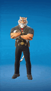 a tiger in a suit and tie with his arms up
