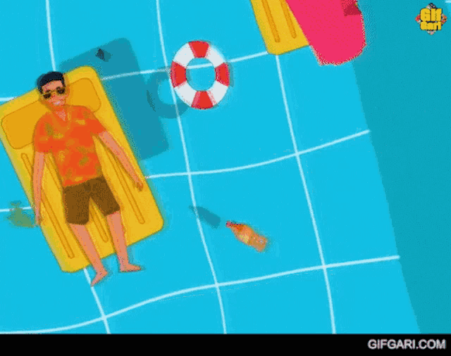 a man is laying on a yellow raft in a swimming pool with a life preserver