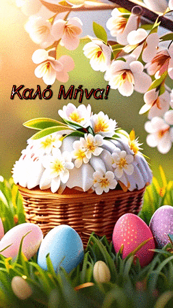 a greeting card with a basket of flowers and eggs