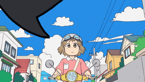 a cartoon of a girl riding a scooter in a neighborhood