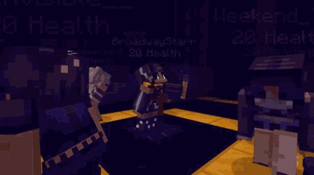 a group of minecraft characters are standing in front of a stage with the words weekend tea visible