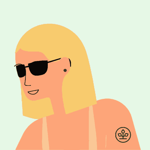 a cartoon drawing of a woman wearing sunglasses and a tattoo on her arm