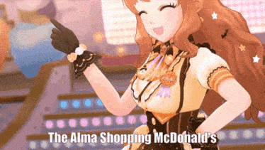 a cartoon girl is pointing at something with the words " the alma shopping mcdonald 's " above her