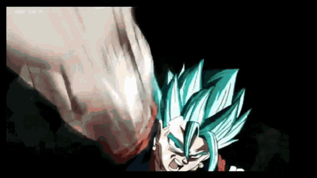 a cartoon character with blue hair is being punched in the face by another character