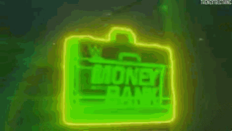 a neon sign with a briefcase and the words `` money bank '' written on it .