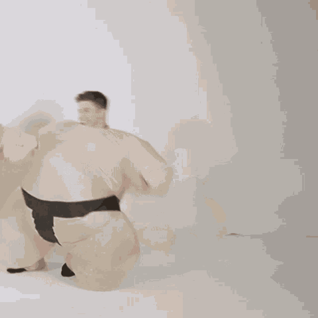 a man in a sumo wrestler costume is rolling on his back .