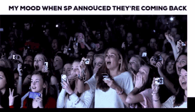 a crowd of people watching a concert with the caption my mood when sp annouced they 're coming back