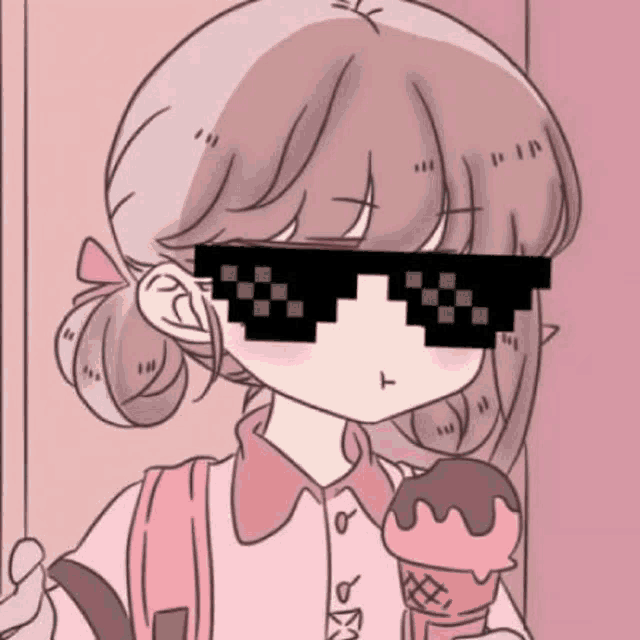 a cartoon girl wearing sunglasses is holding an ice cream cone .