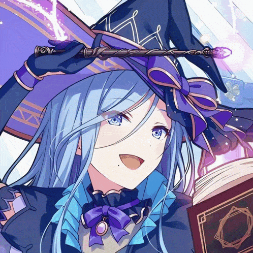 a girl with blue hair and a purple hat is holding a wand