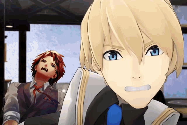 a cartoon character with blonde hair and blue eyes is looking at the camera