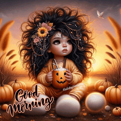 a little girl is holding a pumpkin and a cup of hot chocolate with the words " good morning " below her