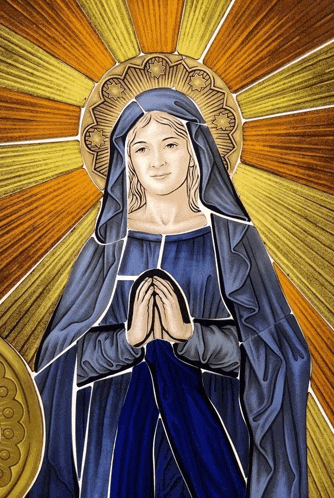 a painting of a woman with her hands folded in front of a yellow and orange background