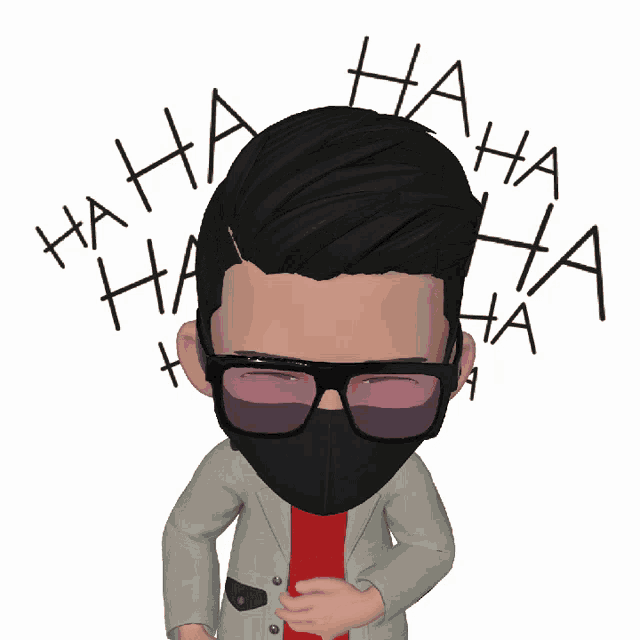 a cartoon character wearing a black mask and sunglasses laughs