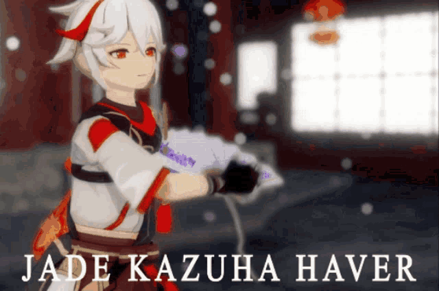 a jade kazuha haver animated character holding a fan