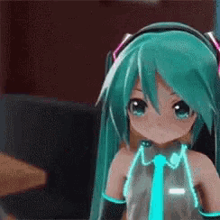 hatsune miku is wearing headphones and a tie while standing next to a table .