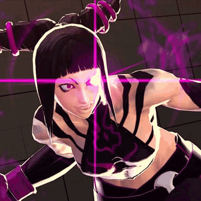 a video game character with a purple light shining on her