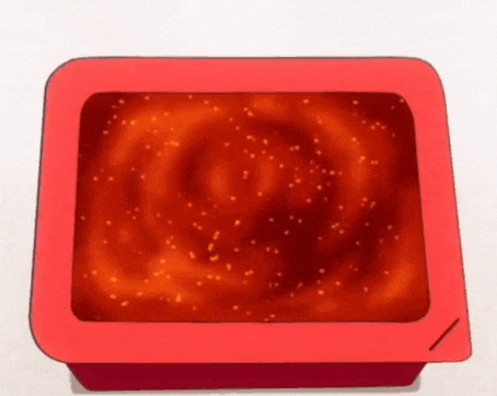a red container filled with a red liquid with a swirl in the middle