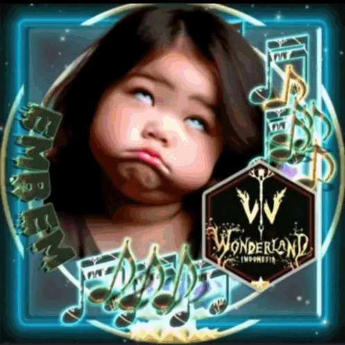 a little girl is making a funny face in front of a wonderland logo