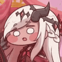 a cartoon drawing of a girl with long white hair and horns .