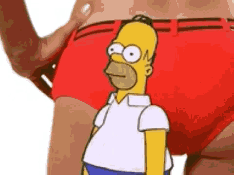homer simpson is standing in front of a woman 's butt .