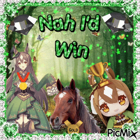 a picture of a horse and a girl with the words nah i 'd win on it
