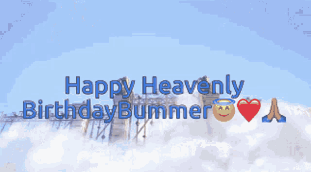 a happy heavenly birthday bummer greeting card with a building in the background