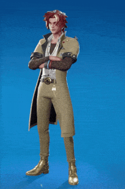a man with red hair is wearing a tan coat and gold shoes