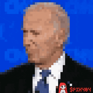 a pixel art of a man in a suit and tie with a russian doll on his chest