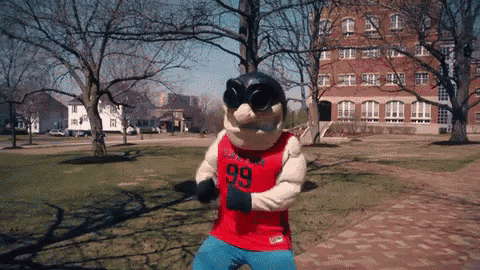a mascot wearing a number 99 jersey is dancing in a park