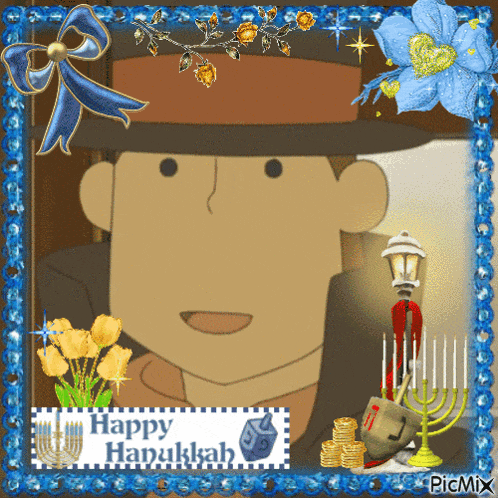 a happy hanukkah greeting card with a cartoon man in a hat
