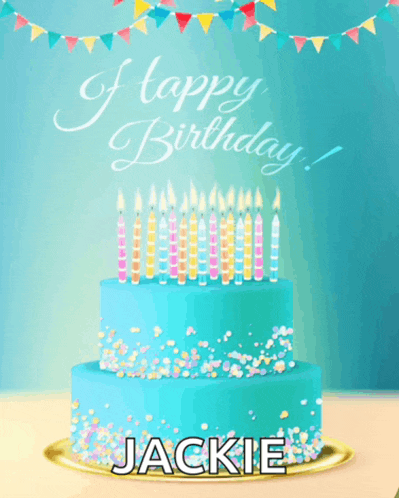 a birthday cake with candles and the name jackie on it