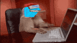 a dog is sitting at a desk using a laptop with a cartoon face on its head