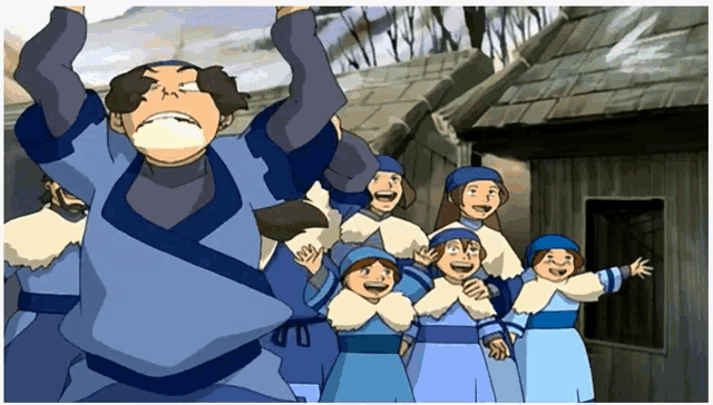 a group of cartoon characters are standing in front of a house