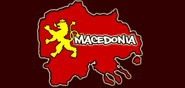 a red map of macedonia with a yellow lion on it