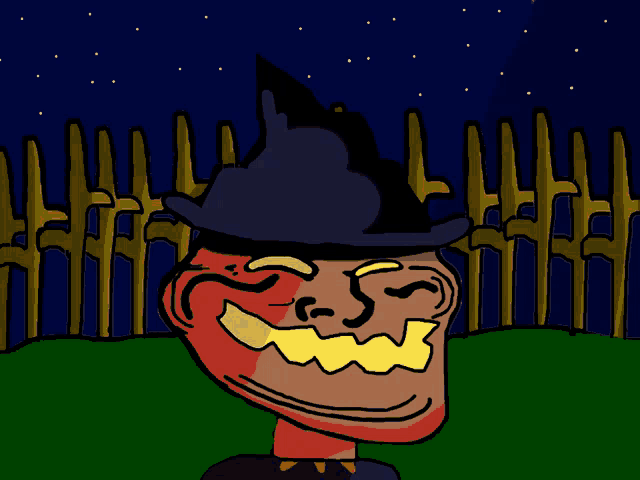 a cartoon of a man in a witch hat with a fence in the background