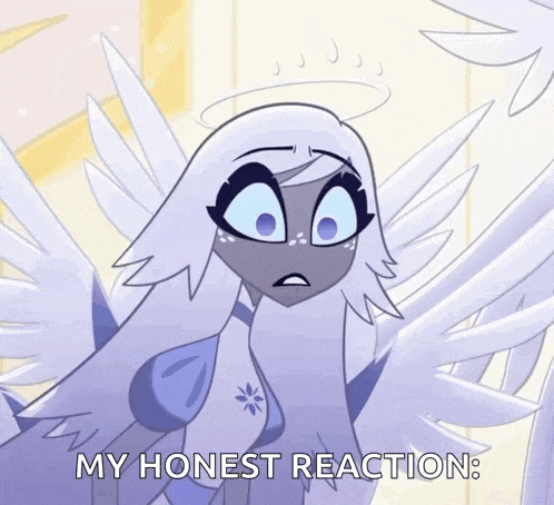 a cartoon angel with white wings and a halo is saying my honest reaction .