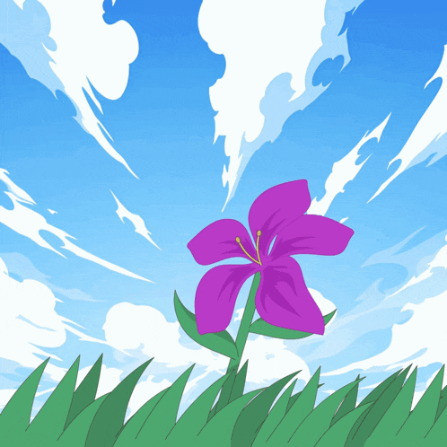 a purple flower with a green stem stands in the grass against a blue sky with clouds