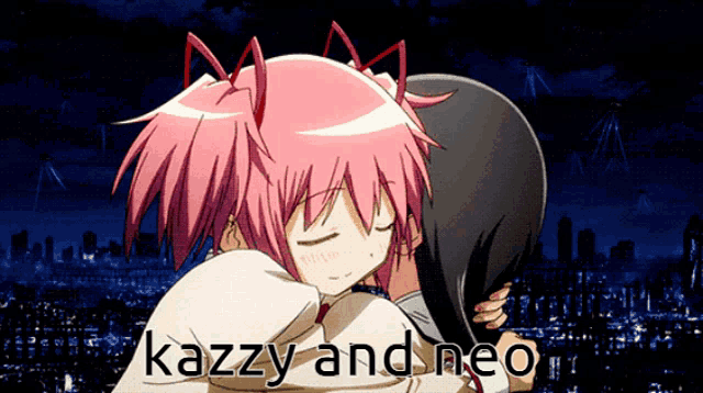 a picture of two anime girls hugging with the words kazzy and neo written below them