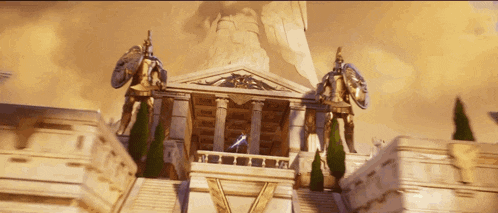 a statue of a woman stands in front of a building with columns