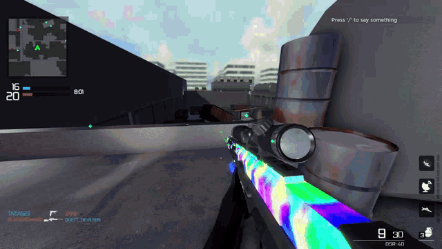 a screenshot of a video game with a rainbow colored rifle
