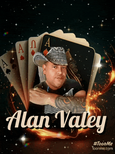 a man in a cowboy hat is surrounded by playing cards with the name alan valley on the bottom