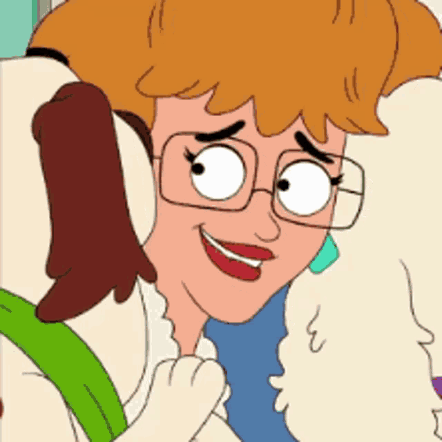 a cartoon of a woman with glasses and a green belt