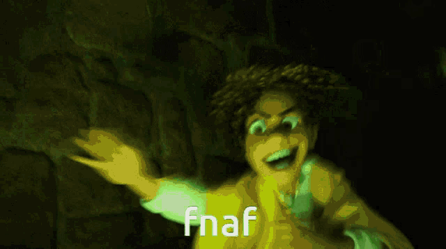 a cartoon character is glowing in the dark and has the word fnaf on the bottom