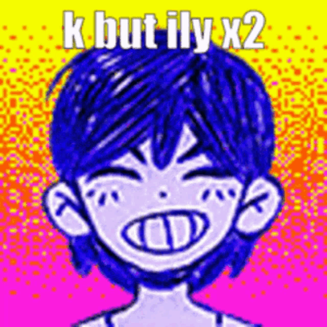 a cartoon of a boy with blue hair and the words `` k but ily x2 '' on the bottom .
